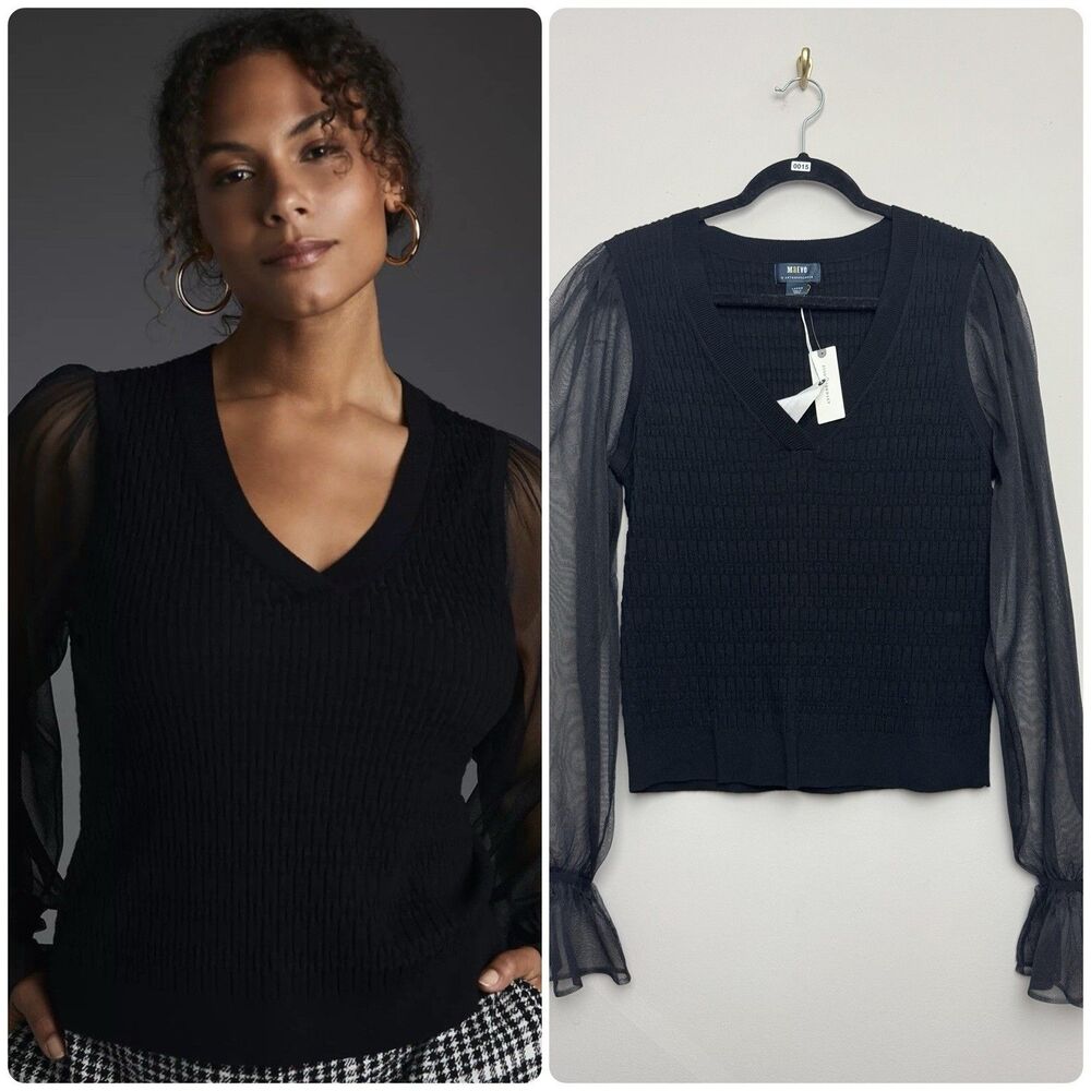 Anthropologie Maeve Sheer Sleeve Top Size Large Black Sweater V Neck